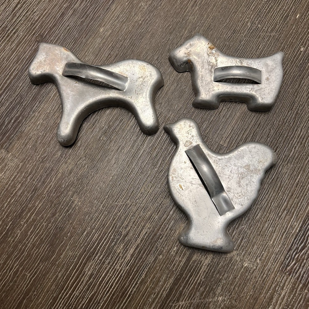 Vintage Set of 3 Animal Cookie Cutters Aluminum with Handle Horse‎ Chicken Dog